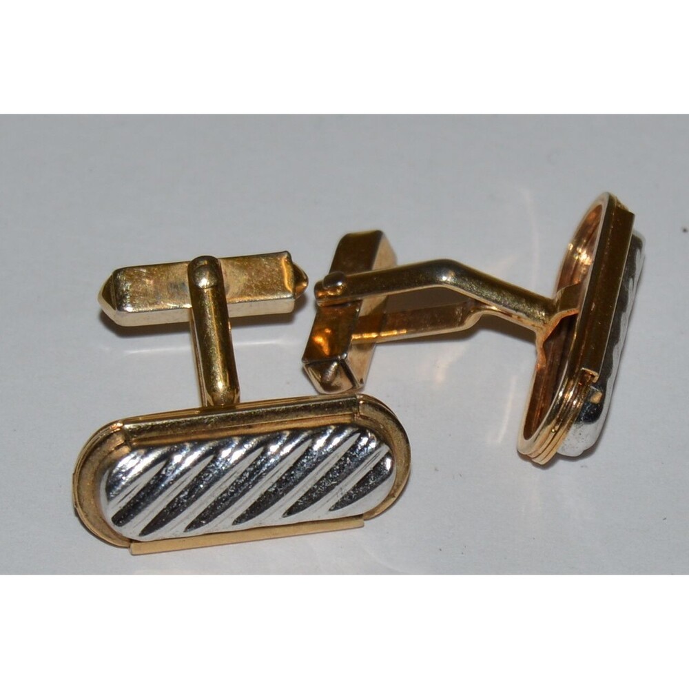 Vintage Unique Gold & Silver Tone 1960s Striped Pill Shaped Cuff Links Set Rare